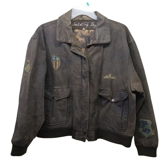 Winlit Fly Boys L Brown Bomber Jacket Coat Pockets Leather Patches Distressed - Picture 1 of 9